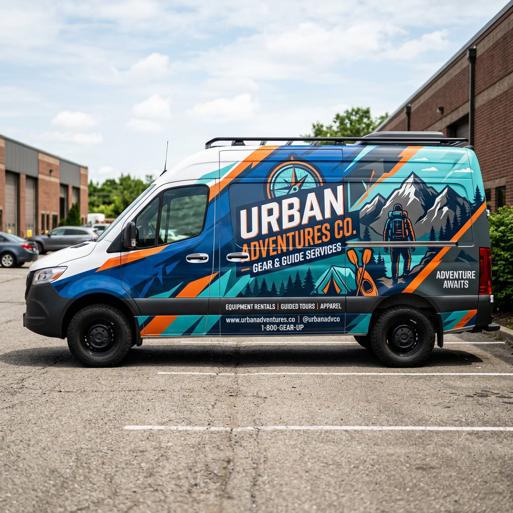 Van with Urban Adventures Co. logo and mountain hiking graphic promoting gear and guided tours
